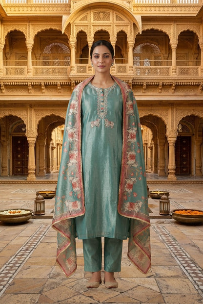 Pichwai Art Inspired Pure Shimmer Crushed Tissue Hand Embroidered Unstitched Suit Set