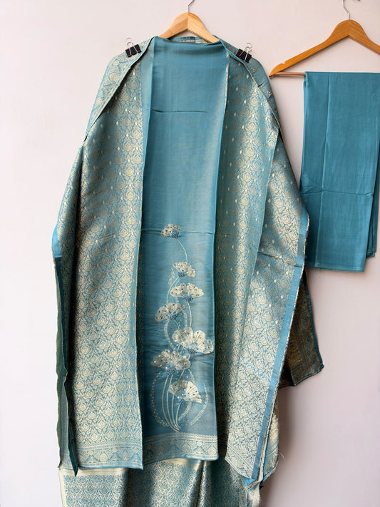 Banarasi Silk Woven Resham Sequin Embroidered Unstitched Suit Set with Dupatta