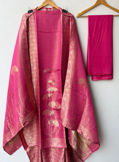 Banarasi Silk Woven Resham Sequin Embroidered Unstitched Suit Set with Dupatta