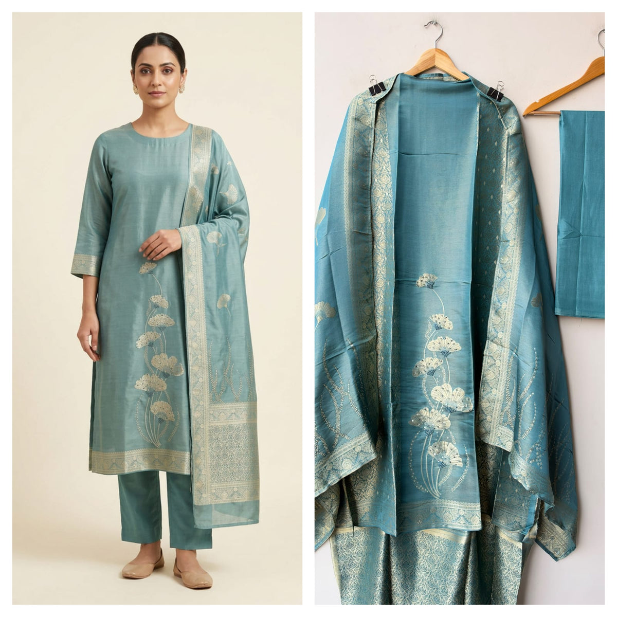 Banarasi Silk Woven Resham Sequin Embroidered Unstitched Suit Set with Dupatta