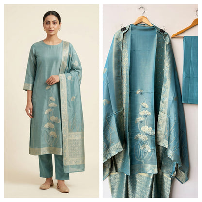 Banarasi Silk Woven Resham Sequin Embroidered Unstitched Suit Set with Dupatta
