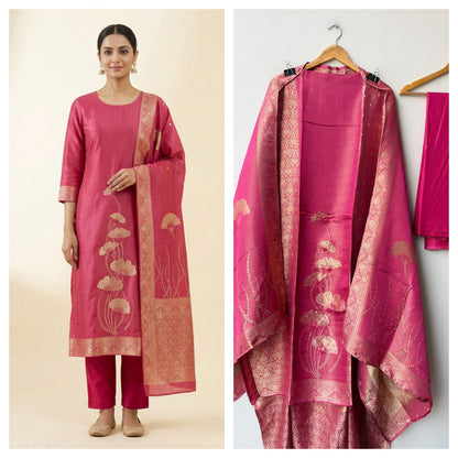 Banarasi Silk Woven Resham Sequin Embroidered Unstitched Suit Set with Dupatta