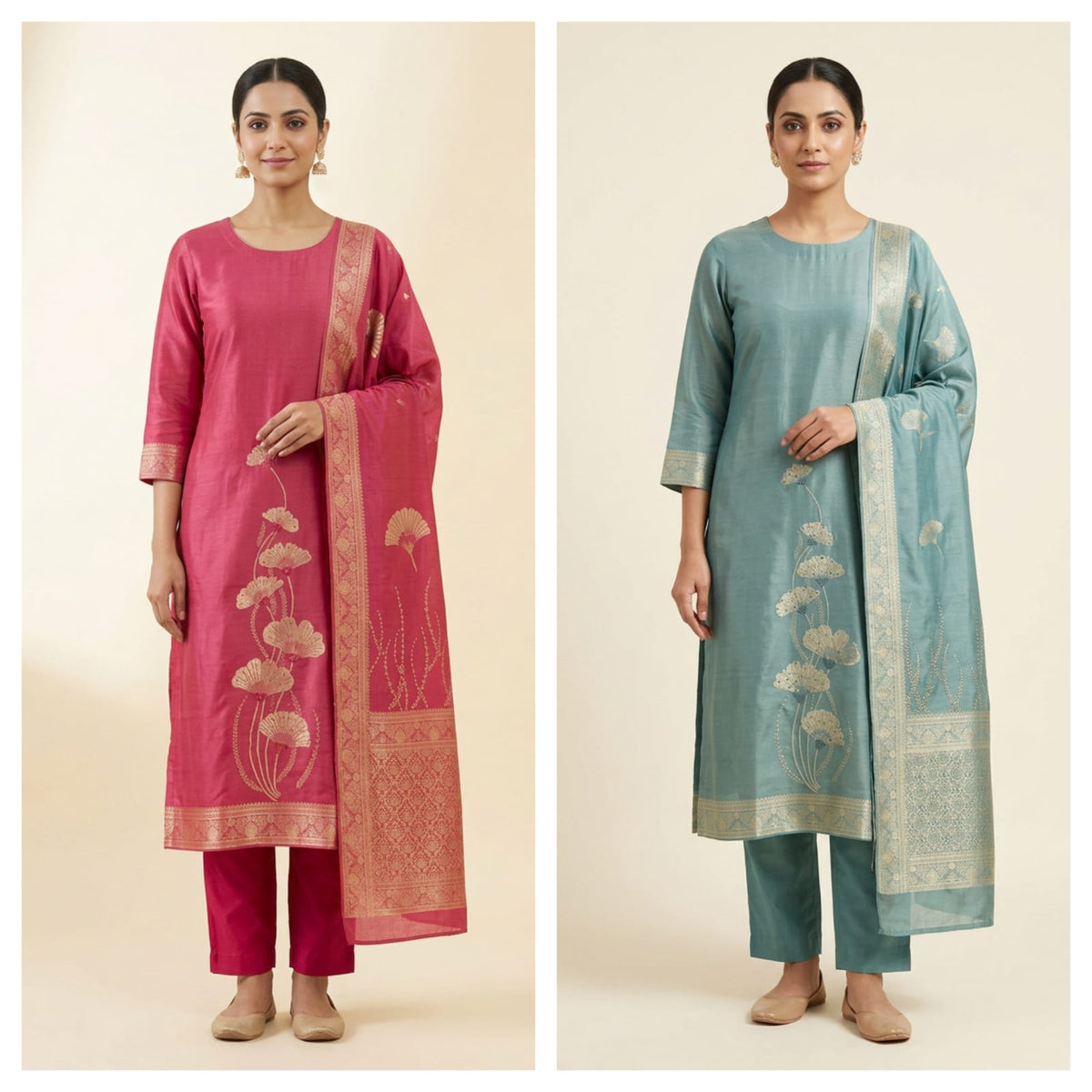 Banarasi Silk Woven Resham Sequin Embroidered Unstitched Suit Set with Dupatta