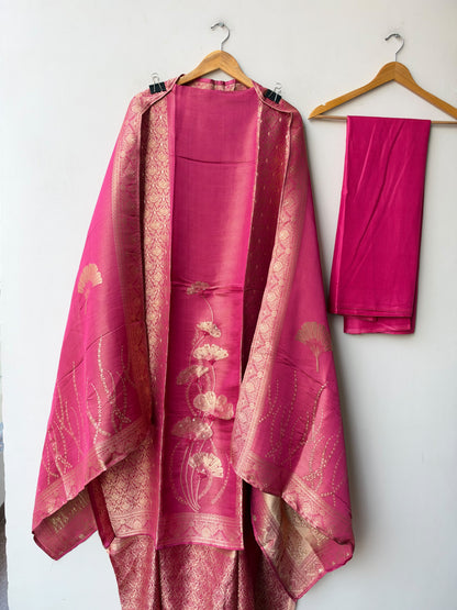 Banarasi Silk Woven Resham Sequin Embroidered Unstitched Suit Set with Dupatta