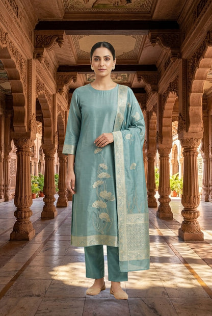 Banarasi Silk Woven Resham Sequin Embroidered Unstitched Suit Set with Dupatta