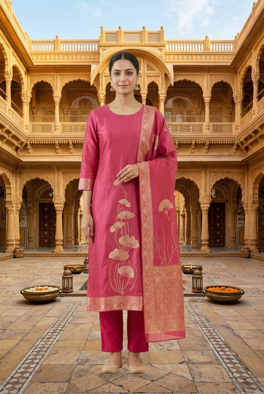 Banarasi Silk Woven Resham Sequin Embroidered Unstitched Suit Set with Dupatta