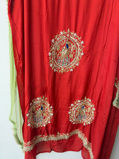 Handcrafted Organza Tuile Pearl Kutdanna Embroidered Unstitched Suit Set with Chiffon Dupatta
