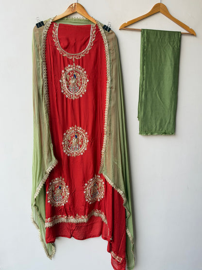 Handcrafted Organza Tuile Pearl Kutdanna Embroidered Unstitched Suit Set with Chiffon Dupatta