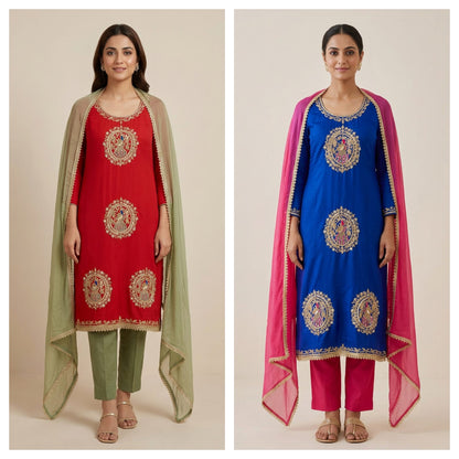 Handcrafted Organza Tuile Pearl Kutdanna Embroidered Unstitched Suit Set with Chiffon Dupatta