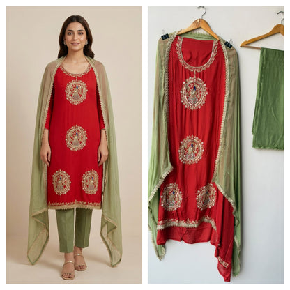 Handcrafted Organza Tuile Pearl Kutdanna Embroidered Unstitched Suit Set with Chiffon Dupatta