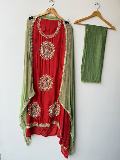 Handcrafted Organza Tuile Pearl Kutdanna Embroidered Unstitched Suit Set with Chiffon Dupatta