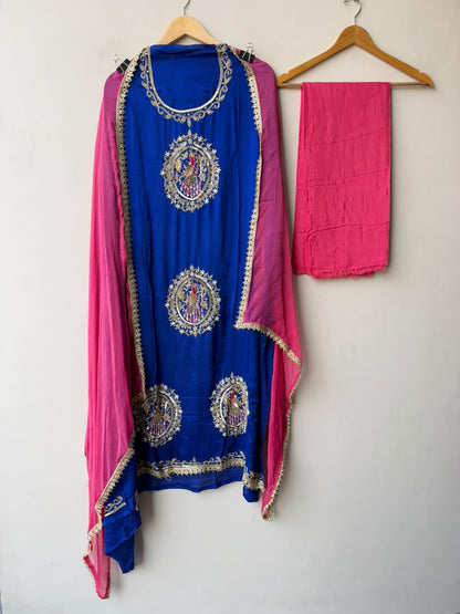 Handcrafted Organza Tuile Pearl Kutdanna Embroidered Unstitched Suit Set with Chiffon Dupatta