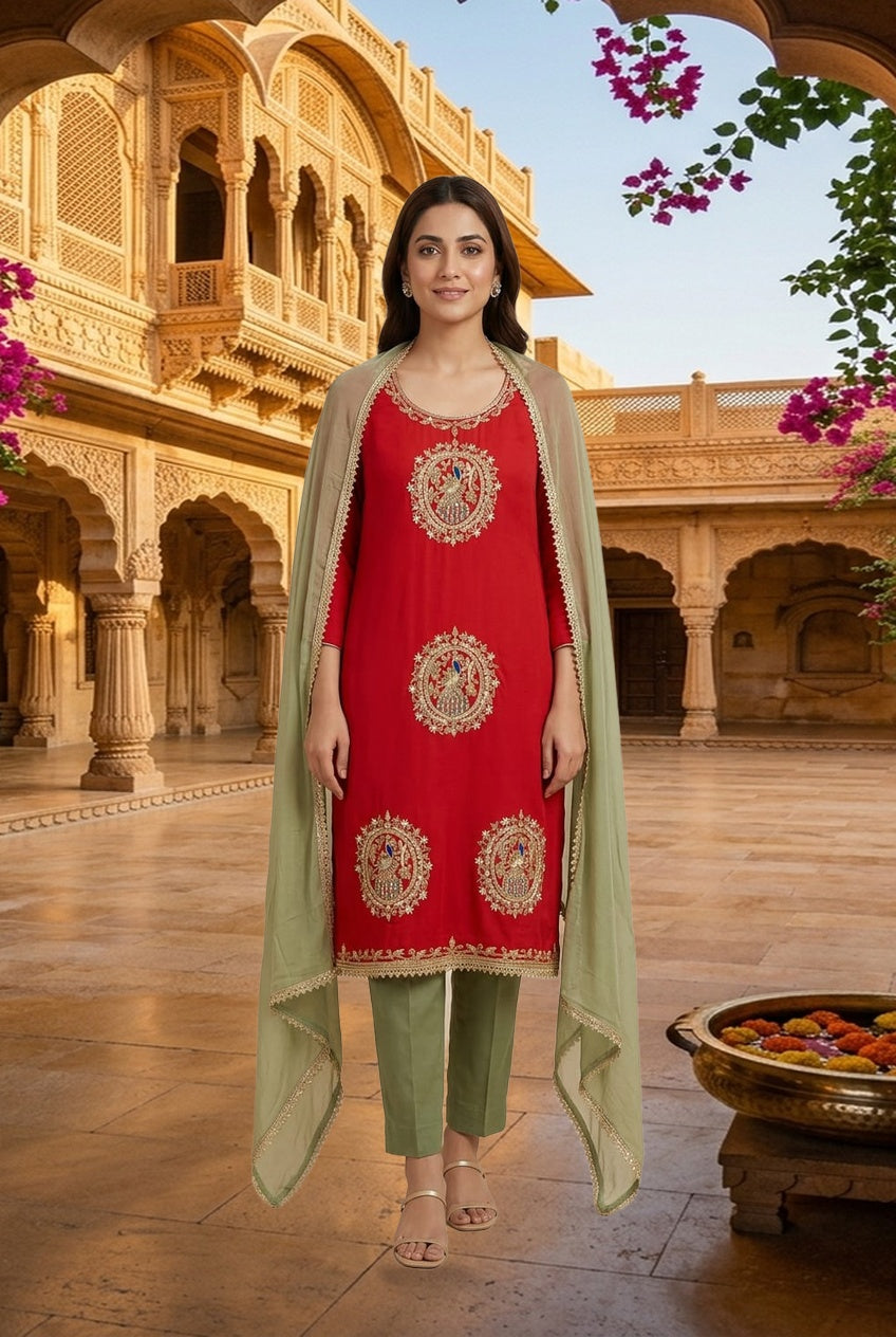 Handcrafted Organza Tuile Pearl Kutdanna Embroidered Unstitched Suit Set with Chiffon Dupatta