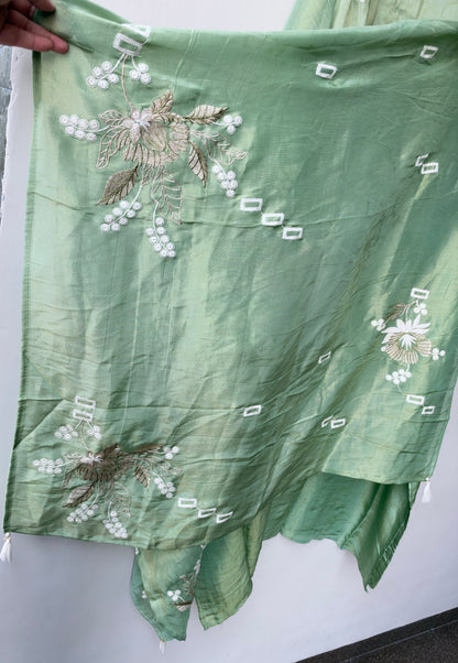 Festive Shimmer Silk 3D Resham Floral Embroidered Unstitched Suit Set with Dupatta