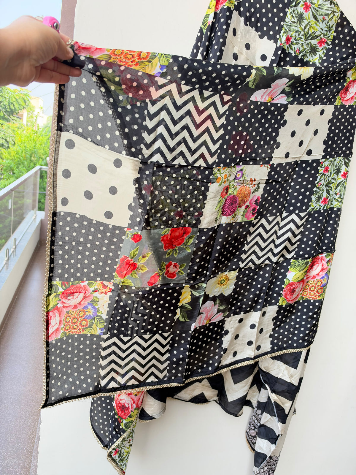 Designer Chevron Printed Satin Crepe Mirror Swarovski Work Unstitched Suit Set