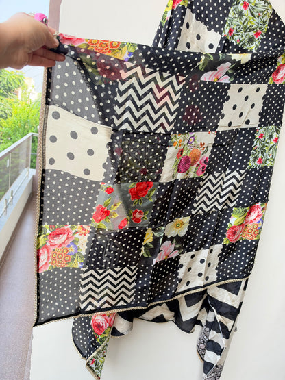 Designer Chevron Printed Satin Crepe Mirror Swarovski Work Unstitched Suit Set