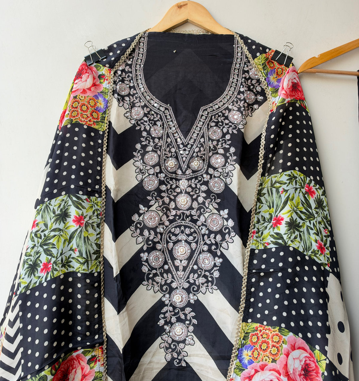 Designer Chevron Printed Satin Crepe Mirror Swarovski Work Unstitched Suit Set