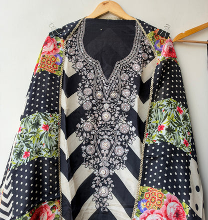 Designer Chevron Printed Satin Crepe Mirror Swarovski Work Unstitched Suit Set