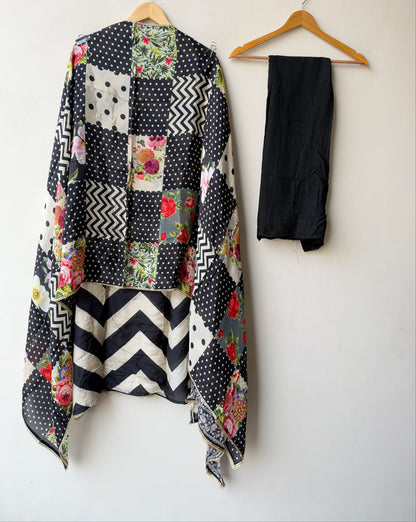 Designer Chevron Printed Satin Crepe Mirror Swarovski Work Unstitched Suit Set