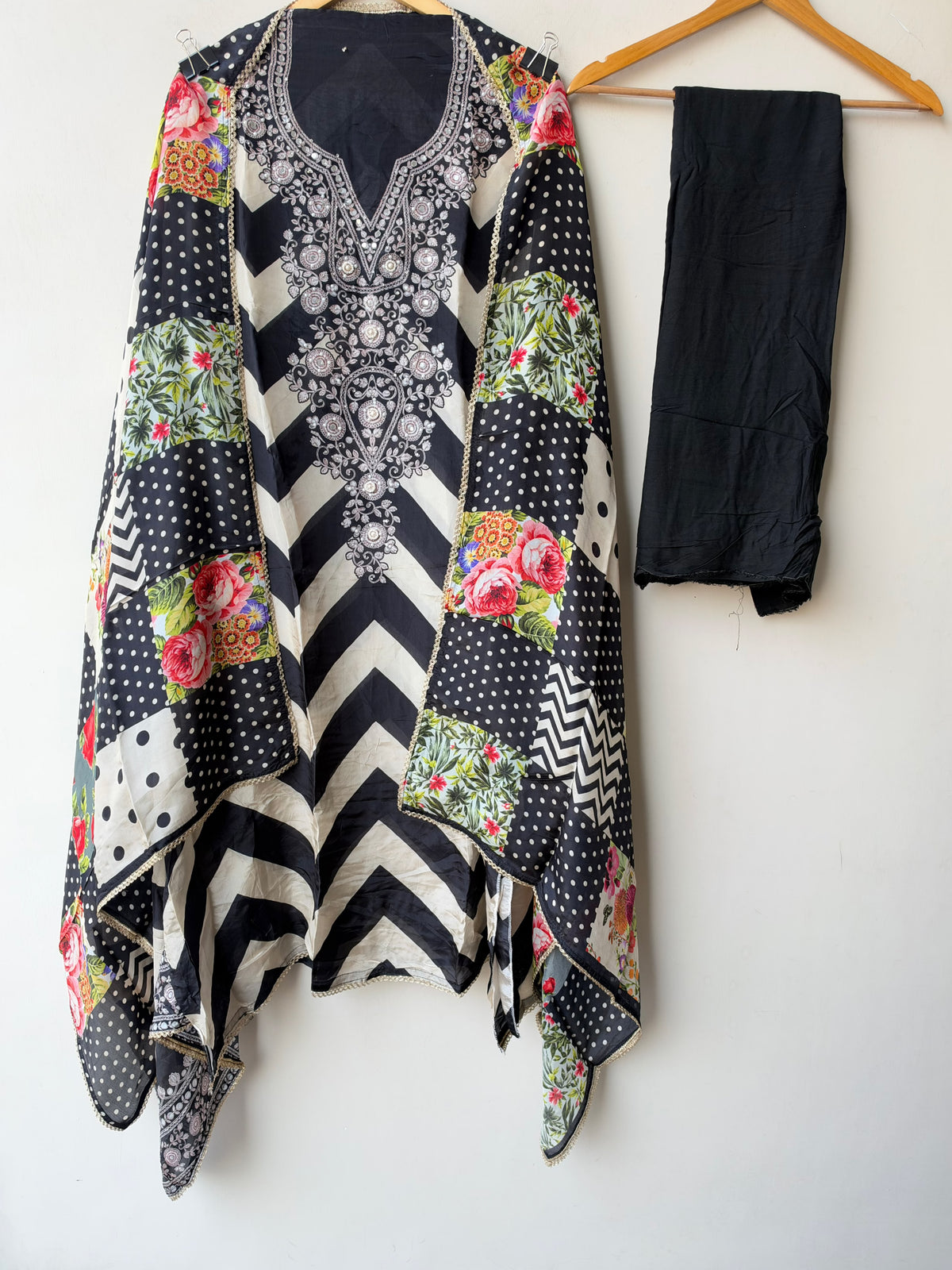 Designer Chevron Printed Satin Crepe Mirror Swarovski Work Unstitched Suit Set