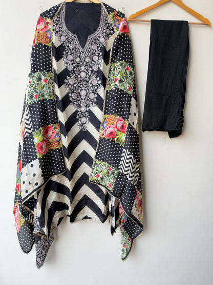 Designer Chevron Printed Satin Crepe Mirror Swarovski Work Unstitched Suit Set