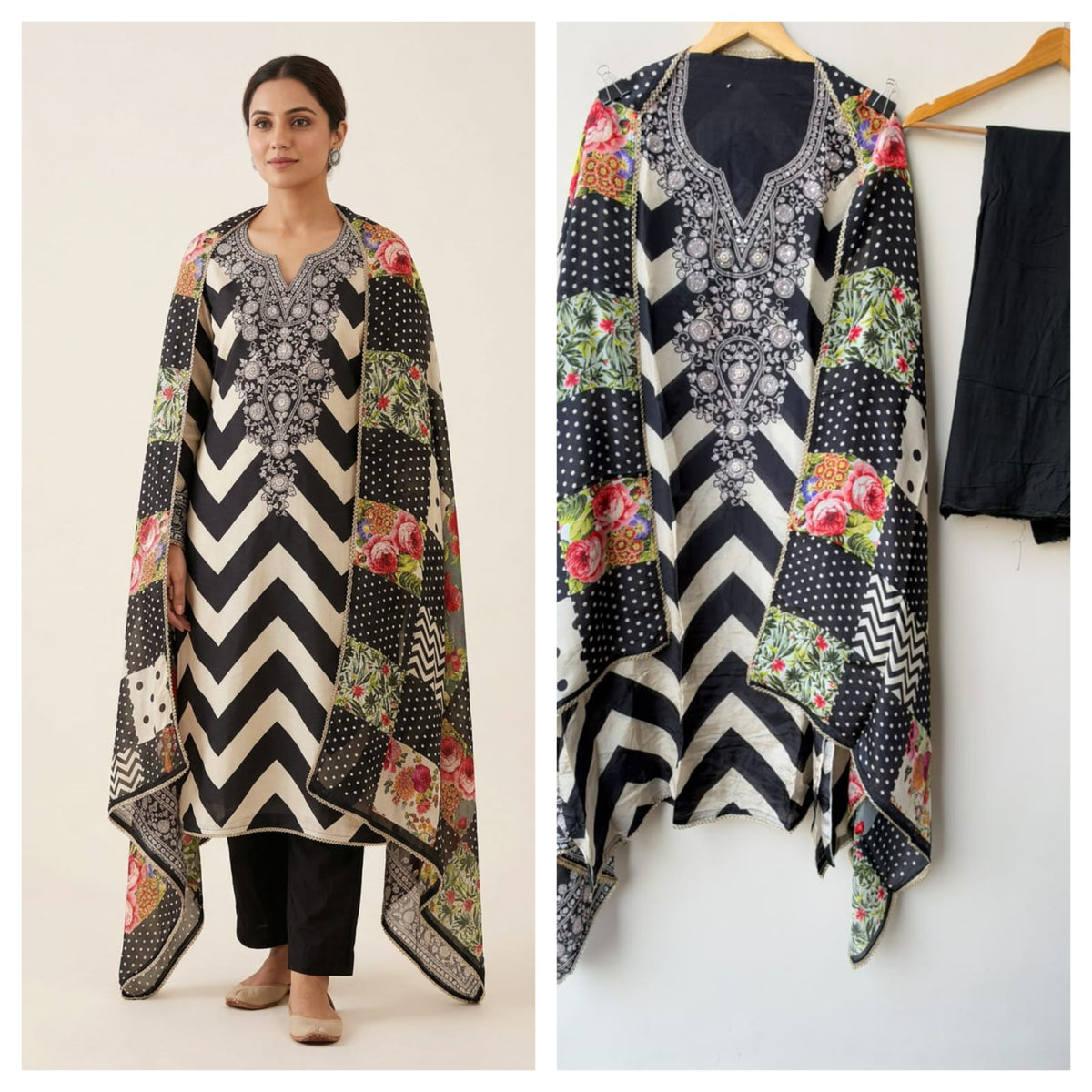 Designer Chevron Printed Satin Crepe Mirror Swarovski Work Unstitched Suit Set