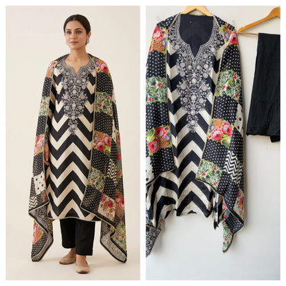 Designer Chevron Printed Satin Crepe Mirror Swarovski Work Unstitched Suit Set