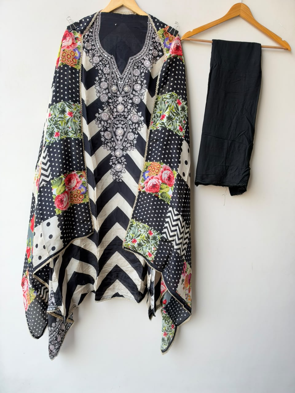 Designer Chevron Printed Satin Crepe Mirror Swarovski Work Unstitched Suit Set