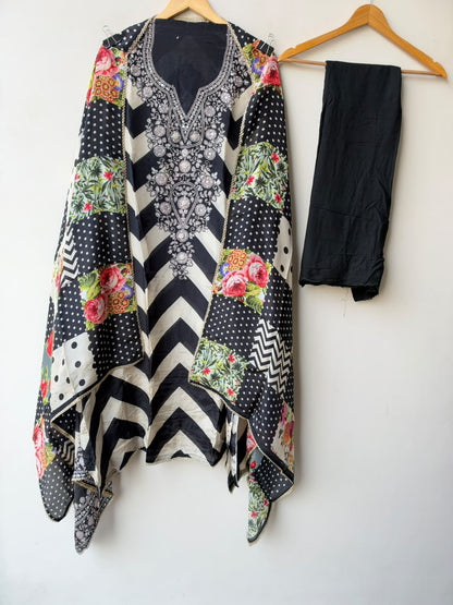 Designer Chevron Printed Satin Crepe Mirror Swarovski Work Unstitched Suit Set