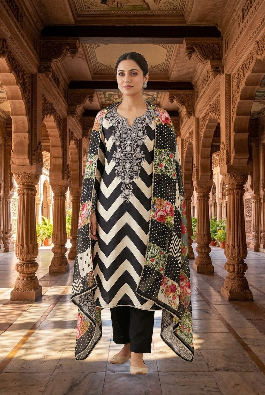 Designer Chevron Printed Satin Crepe Mirror Swarovski Work Unstitched Suit Set