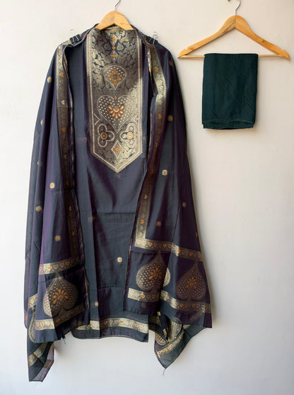 Pure Chanderi Silk Woven Festive Unstitched Suit Set with Zari Detailing