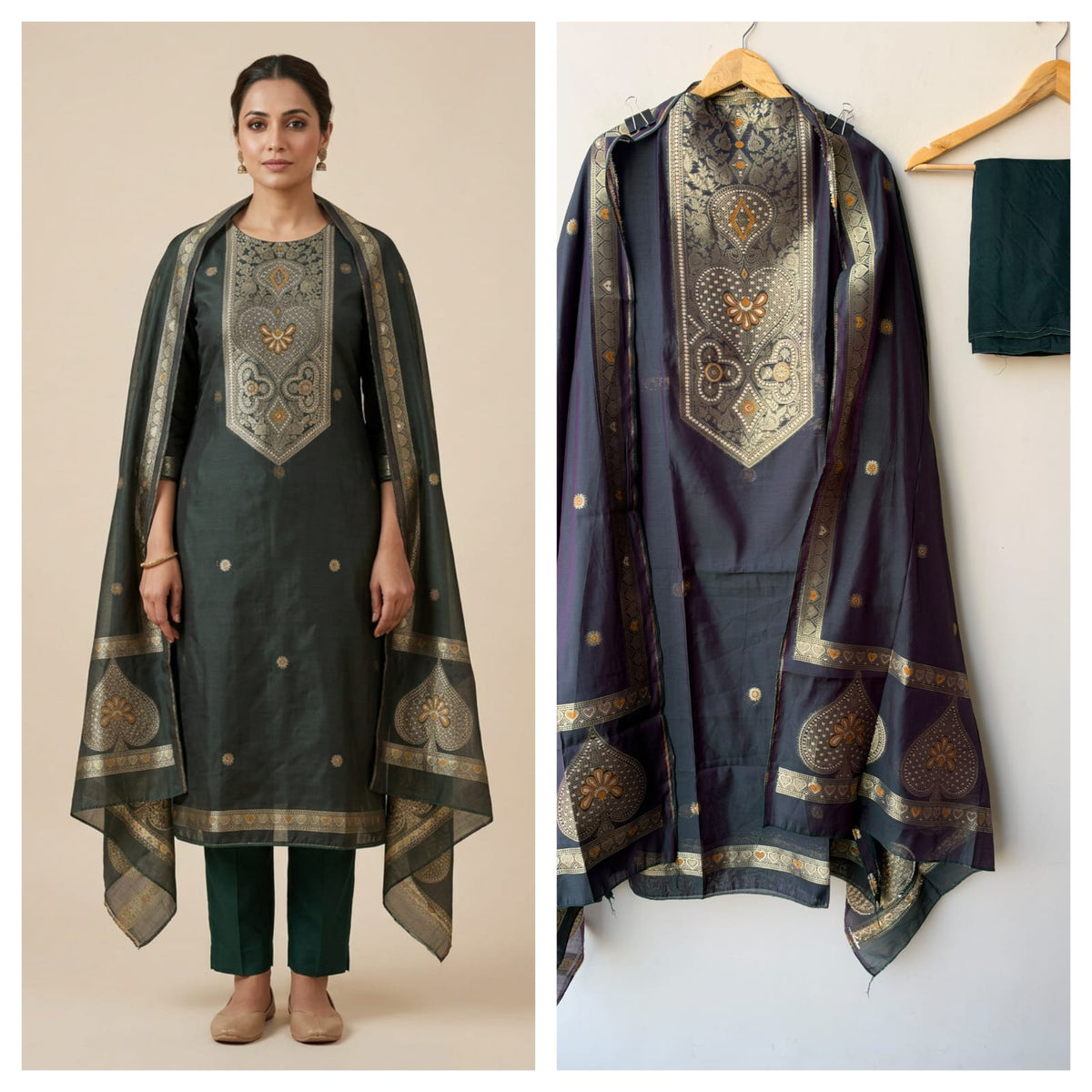 Pure Chanderi Silk Woven Festive Unstitched Suit Set with Zari Detailing