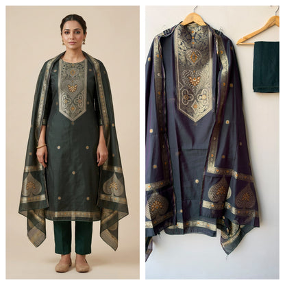 Pure Chanderi Silk Woven Festive Unstitched Suit Set with Zari Detailing