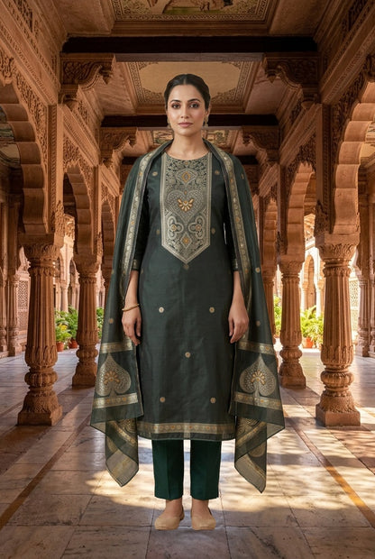 Pure Chanderi Silk Woven Festive Unstitched Suit Set with Zari Detailing