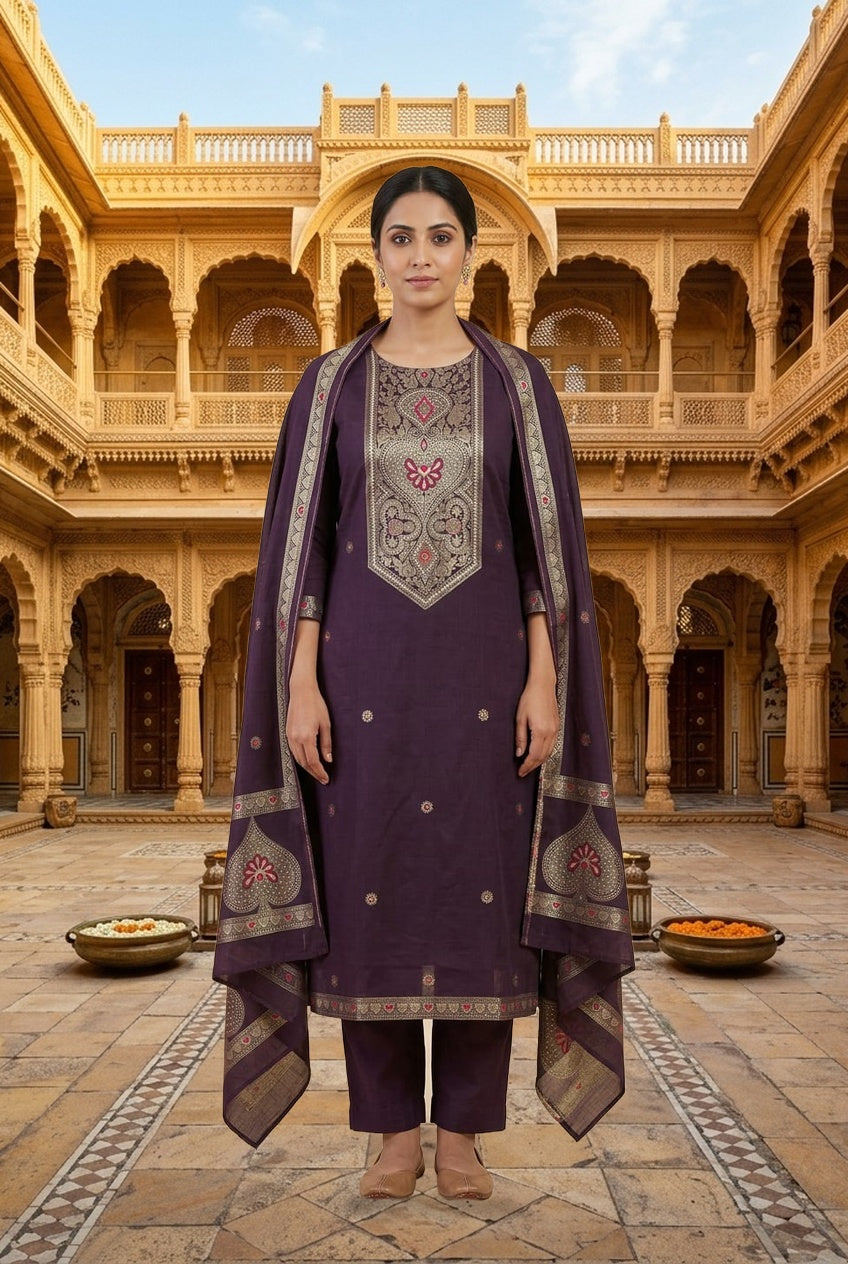 Pure Chanderi Silk Woven Festive Unstitched Suit Set with Zari Detailing