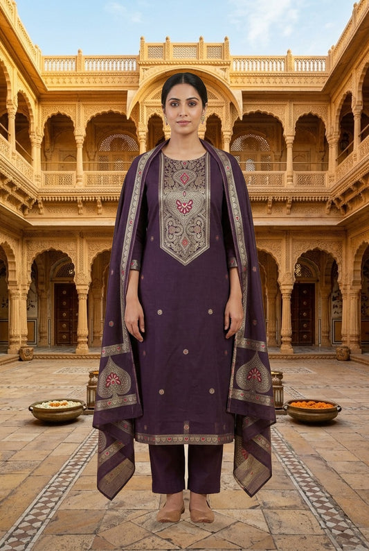 Pure Chanderi Silk Woven Festive Unstitched Suit Set with Zari Detailing