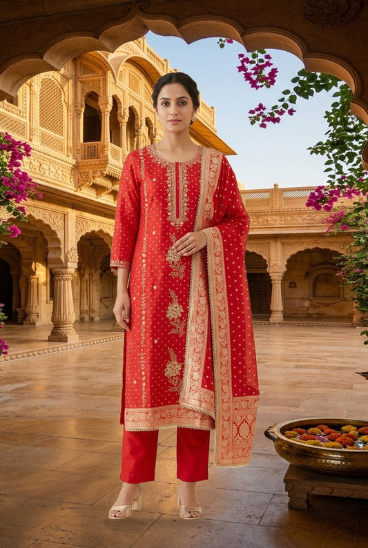 Pure Banarasi Crepe Silk Hand Embroidered Unstitched Suit Set with Pearl Dabka Work