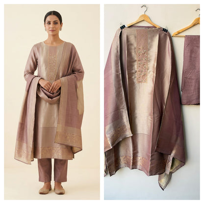 Pure Banarasi Woven Giraffe Silk Embroidered Unstitched Suit Set with Woven Dupatta