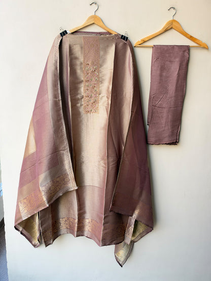 Pure Banarasi Woven Giraffe Silk Embroidered Unstitched Suit Set with Woven Dupatta