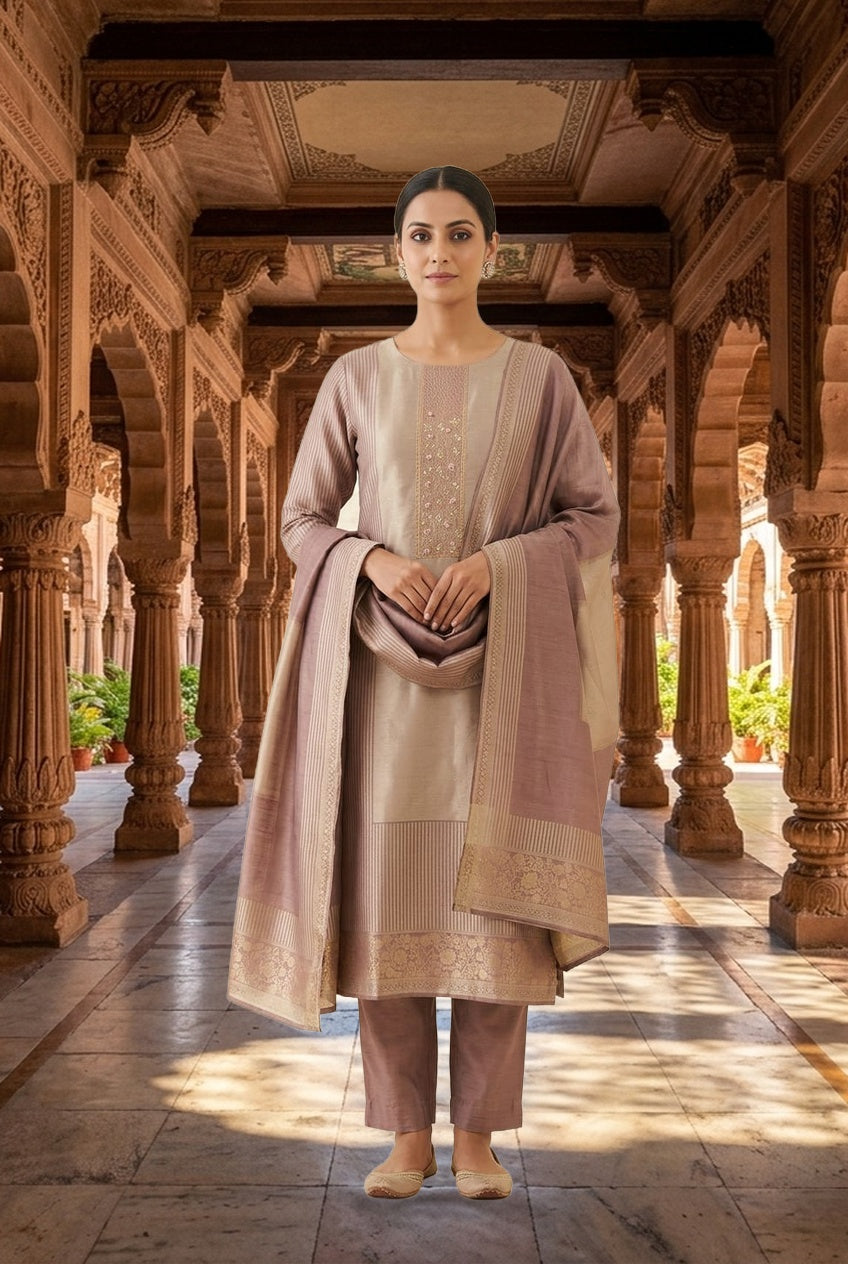 Pure Banarasi Woven Giraffe Silk Embroidered Unstitched Suit Set with Woven Dupatta