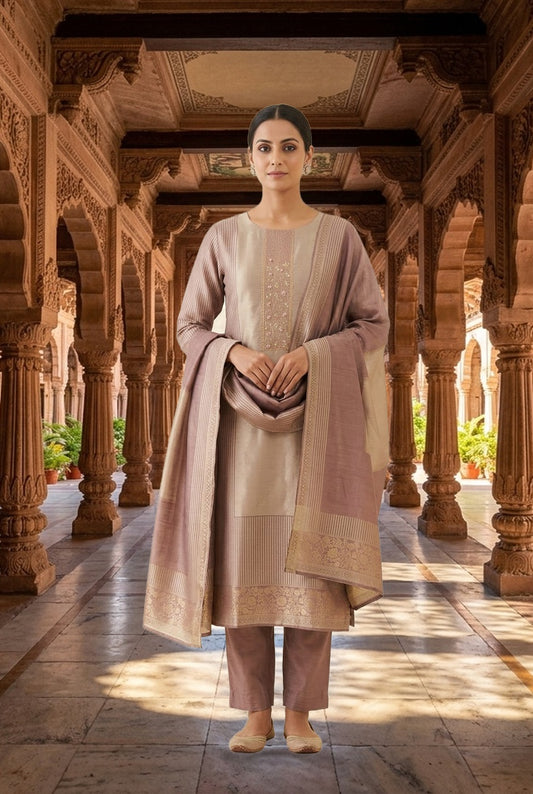 Pure Banarasi Woven Giraffe Silk Embroidered Unstitched Suit Set with Woven Dupatta