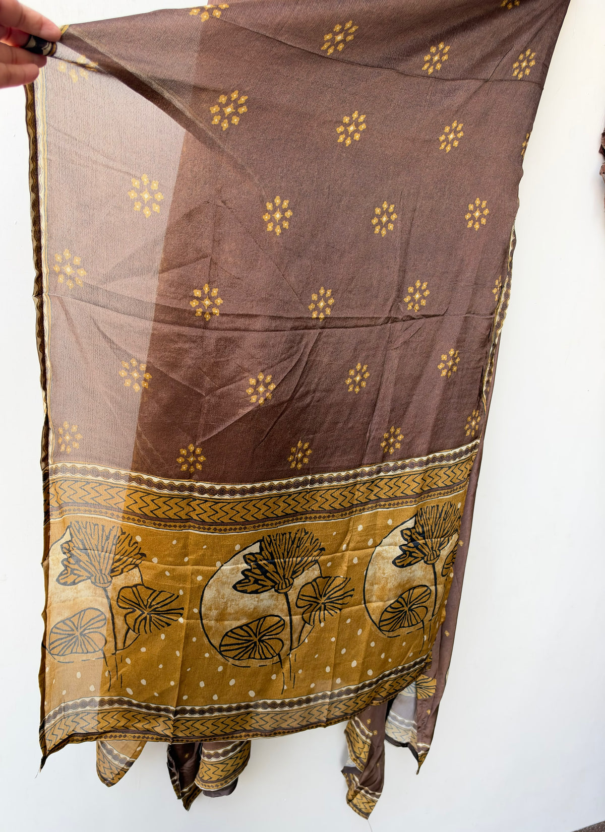 Pure Crepe Hand Embroidered Unstitched Suit Set with Pure Chinon Dupatta
