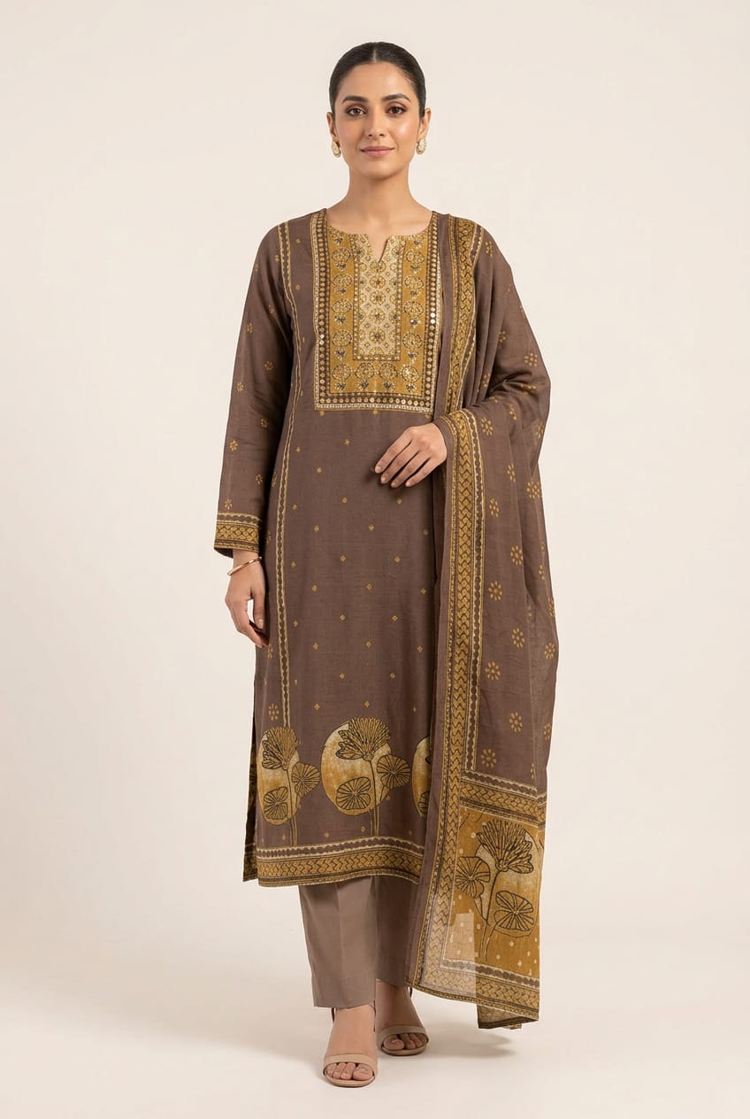Pure Crepe Hand Embroidered Unstitched Suit Set with Pure Chinon Dupatta