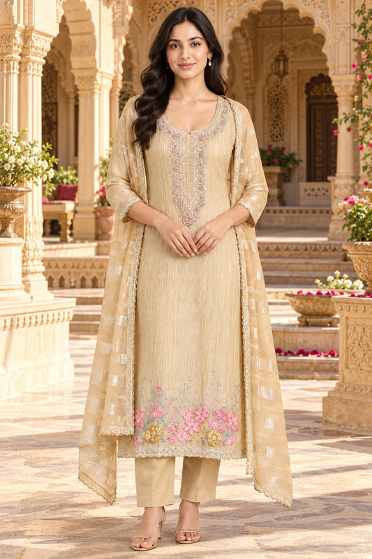 Elegant Crushed Shimmer Tissue Unstitched Ladies 3pcs Designer Suit Set