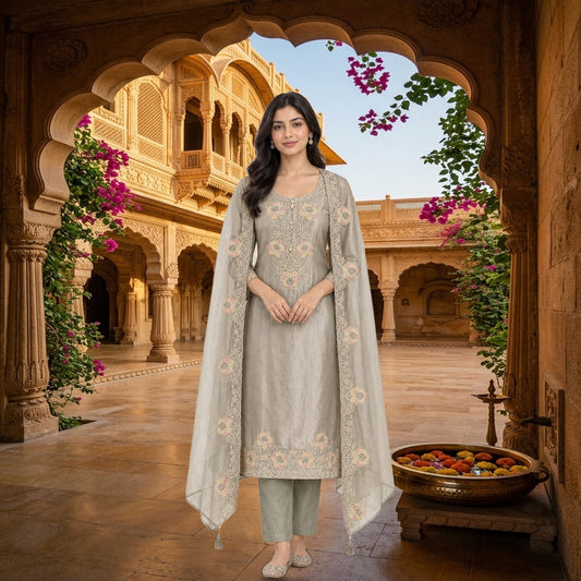 Shimmer Organza Tissue Unstitched Suit Set with Zari Sequence Resham Embroidery