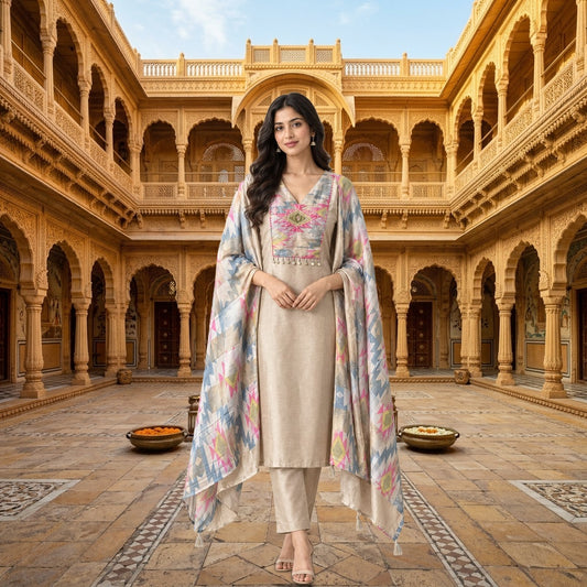 Silk Weaving Unstitched Suit Set with Multicolored Neckline Yoke Detailing