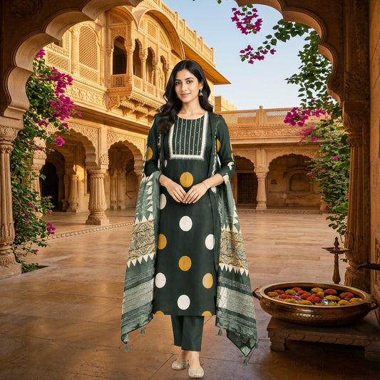 Pure Silk Polka Dots Unstitched Suit Set with Embroidered Neckline & Traditional Border Dupatta