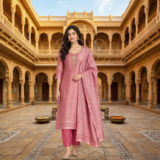 Pure Self Giraffe Silk Unstitched Suit Set with Dabka Kutdanna Embroidery