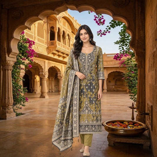 Shimmer Organza Silk Printed Unstitched Suit Set with Mirror Work & Swarowski Highlighting