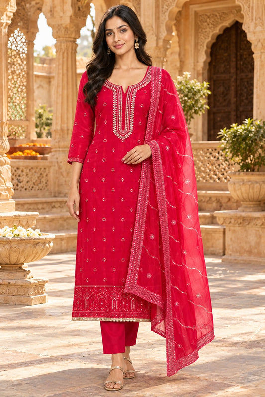Karwachauth Special Organza Unstitched Suit with Kundan Dabka Work & Scalped Dupatta